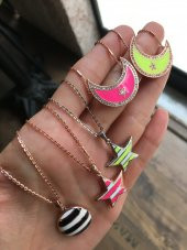 925 Ayar Gümüş Neon Siyah Beyaz Yuvarlak Rose Gümüş Kolye thumbnail 6