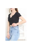 Siyah Kısa Kol Crop Buluz thumbnail 4