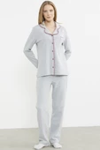 Düğmeli Gömlek Model Pijama Takım - Gri thumbnail 3