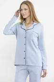 Düğmeli Gömlek Model Pijama Takım - Mavi thumbnail 2