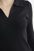 Patlı Polo Yaka Basic Triko Elbise - Siyah thumbnail 5