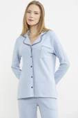 Düğmeli Gömlek Model Pijama Takım - Mavi thumbnail 3