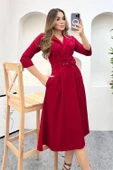 Dipmoda kadını gömlek yaka kemerli örme elbise DP0016 thumbnail 2