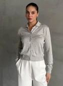 Gri Polo Yaka Mini Topçuklu Bluz thumbnail 1