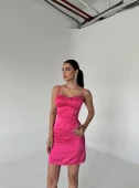 Fuşya Askılı Mini Saten Elbise thumbnail 3