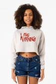 The Warning Logo Beyaz Kırçıllı Kadın Crop Kapşonlu thumbnail 1