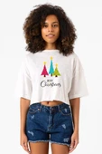 Merry Christmas Beyaz Kırçıllı Kadın Crop Tshirt thumbnail 1