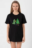 Dinosaur Christmas Tree Siyah Kadın Oversize Tshirt thumbnail 1