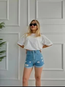 Kadın Önü Yırtıklı Mini Kot Şort thumbnail 1