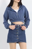 Modal Kapşonlu Crop Sweat İndigo - 12885.148. thumbnail 3