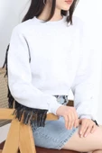 Deri Saçaklı Sweat Gri - 12690.148. thumbnail 1