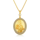 Gümüş Gold Tuğralı Oval Bayan Kolye SL4365 thumbnail 1
