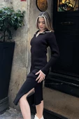 Polo Yaka Triko Midi Elbise - Siyah thumbnail 3