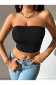 Kadın Siyah Straplez Crop Top Bluz thumbnail 2