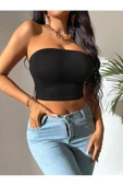 Kadın Siyah Straplez Crop Top Bluz thumbnail 3