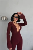Dipmoda kadın bordo dekolteli novel sim maxi tulum DPDF118 thumbnail 2