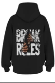 Oversize 'Break Rules' Baskılı Kapşonlu Hoodie Sweatshirt thumbnail 1