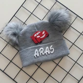 MARS BABY Erkek Bebek Çocuk Kişiye Özel İsimli  Gri Çift Ponponlu Triko Bere thumbnail 1