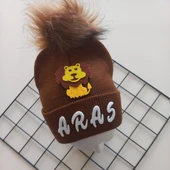 MARS BABY Erkek Bebek Çocuk Kişiye Özel İsimli Kahverengi Tek Ponponlu Triko Bere thumbnail 2