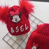 MARS BABY Bebek Kız Çocuk İsimli Kırmızı Minnie Çift Ponponlu Atkı Bere Takımı thumbnail 2