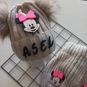 MARS BABY Bebek Kız Çocuk İsimli Bej Fuşya Minnie Çift Ponponlu Atkı Bere Takımı thumbnail 2
