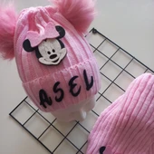 MARS BABY Bebek Kız Çocuk İsimli Pembe Minnie Çift Ponponlu Atkı Bere Takımı thumbnail 2