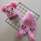 MARS BABY Bebek Kız Çocuk İsimli Pembe Minnie Çift Ponponlu Atkı Bere Takımı thumbnail 1
