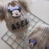 MARS BABY Bebek Kız Çocuk İsimli Bej Lila Minnie Çift Ponponlu Atkı Bere Takımı thumbnail 2