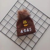 MARS BABY Erkek Bebek Çocuk Kişiye Özel İsimli Kahverengi Tek Ponponlu Triko Bere thumbnail 1