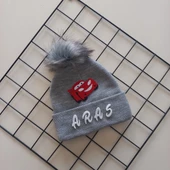 MARS BABY Erkek Bebek Çocuk Kişiye Özel İsimli Gri Tek Ponponlu Triko Bere thumbnail 1