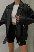 Dipmoda kadın siyah oversize deri mont DPDM5017 thumbnail 3