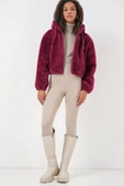 5193 Kapüşonlu Peluş Crop Ceket - Mürdüm thumbnail 3