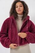 5193 Kapüşonlu Peluş Crop Ceket - Mürdüm thumbnail 4