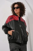0698 Baskılı Suni Deri Bomber Ceket - Bordo thumbnail 4
