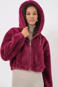5193 Kapüşonlu Peluş Crop Ceket - Mürdüm thumbnail 2