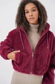 5193 Kapüşonlu Peluş Crop Ceket - Mürdüm thumbnail 1