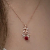 ​Gümüş Rose Kırmızı Gül Kolye thumbnail 4