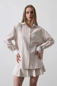 Çizgili Oversize Gömlek - Bej thumbnail 2