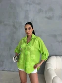 NAKIŞLI HAM KETEN GÖMLEK - Yeşil thumbnail 4