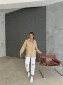 NAKIŞLI HAM KETEN GÖMLEK - Vizon thumbnail 1