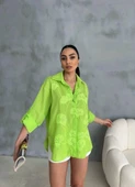 NAKIŞLI HAM KETEN GÖMLEK - Yeşil thumbnail 1