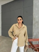 NAKIŞLI HAM KETEN GÖMLEK - Vizon thumbnail 3