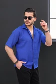 Oversize Fitilli Kısa Kol Gömlek - Parlement Mavi thumbnail 1
