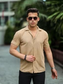 Çizgi Şeritli Kısa Kol Fit Gömlek - Bej thumbnail 1