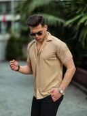 Çizgi Şeritli Kısa Kol Fit Gömlek - Bej thumbnail 2