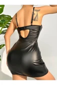randevu Biyeli Tül Detaylı Deri Mini Elbise thumbnail 4