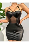 randevu Biyeli Tül Detaylı Deri Mini Elbise thumbnail 1