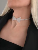Papyon Model Rhinestone Choker Tasma Model Gümüş Renk Kolye thumbnail 3