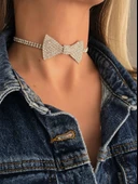 Papyon Model Rhinestone Choker Tasma Model Gümüş Renk Kolye thumbnail 2