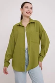 20153 Tek Cepli Oversize Keten Gömlek - A.Yeşil thumbnail 3